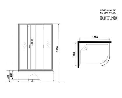 Душевая кабина Niagara NG-2510-14LBKG 120х80 см, с тонированными стеклами, левосторонняя